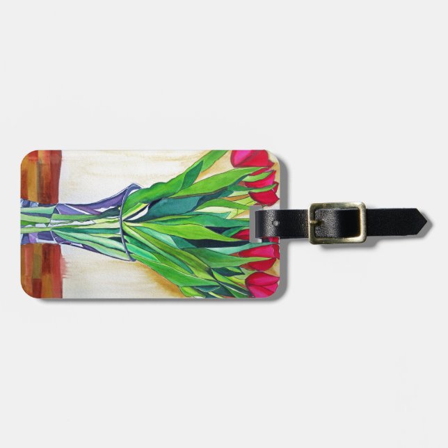 Rosa und rote Tulpen Aquarellkunst Gepäckanhänger (Vorderseite horizontal)