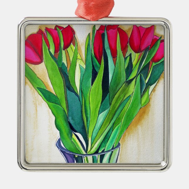 Rosa und rote Tulpen Aquarellkunst Ornament Aus Metall (Vorne)