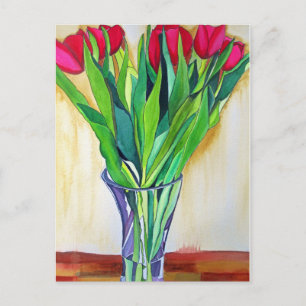 Rosa und rote Tulpen Aquarellkunst Postkarte