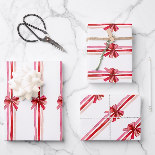 Rosa und rote Weihnachtsbäume Geschenkpapier Set (Vorderseite)