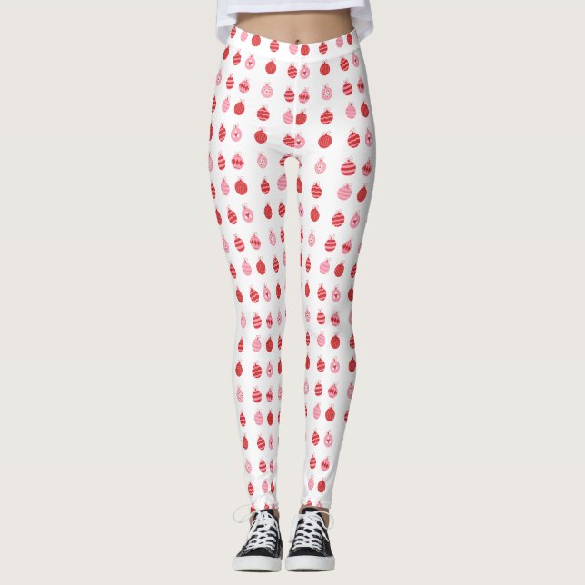 Rosa und rote Weihnachtskugeln Muster Leggings (Vorderseite)