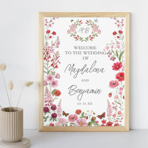 Rosa und rote Wildblumen-Beeren-Hochzeitsbegrüßung Poster