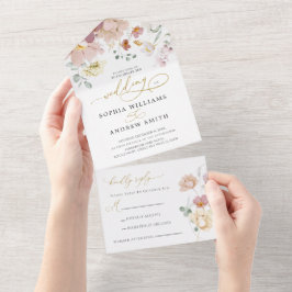 Rosa und Rote Wildblumen Hochzeit All In One Einladung