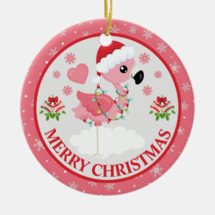 Rosa und roter Weihnachtsflamingo Winter Keramik Ornament
