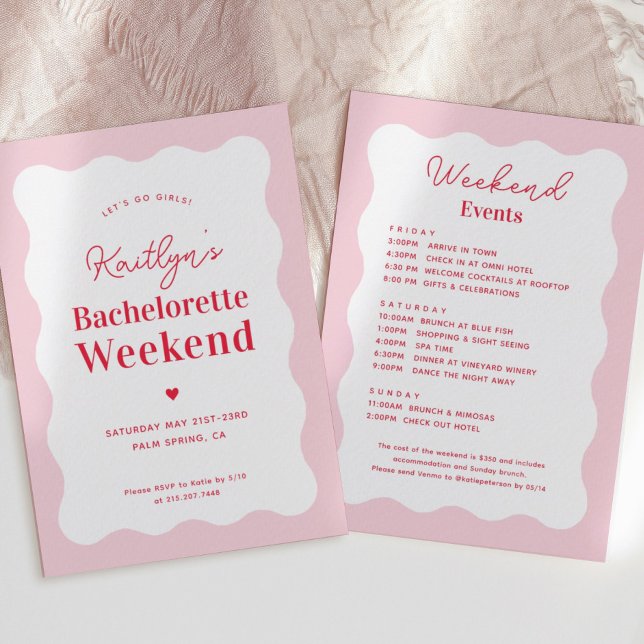 Rosa und rotes Bachelorette Wochenendreise Einladung (Von Creator hochgeladen)