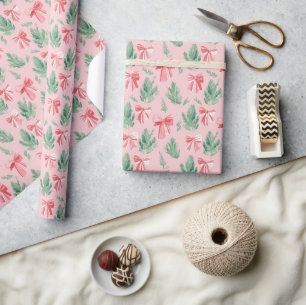 Rosa und rotes Band und grüner Zweig Geschenkpapier