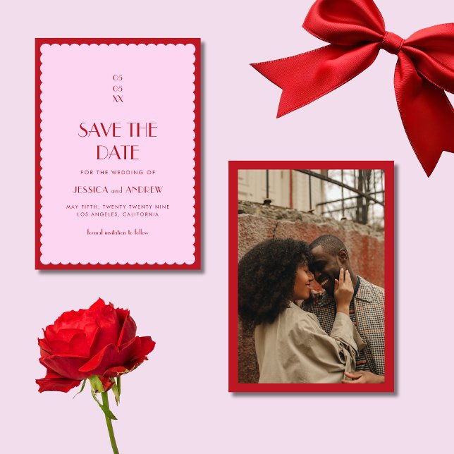 Rosa und rotes Foto Retro 70er Hochzeiten Save The Date (Von Creator hochgeladen)