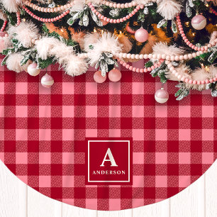 Rosa und rotes Gingham-Karo-Monogramm Polyester Weihnachtsbaumdecke