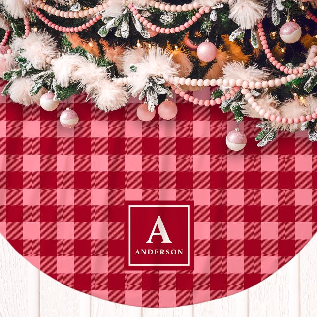 Rosa und rotes Gingham-Karo-Monogramm Polyester Weihnachtsbaumdecke (Von Creator hochgeladen)