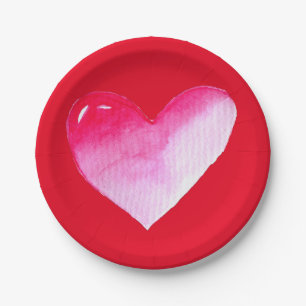 Rosa und rotes Herz Aquarell Pop Kunst Pappteller