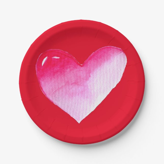 Rosa und rotes Herz Aquarell Pop Kunst Pappteller (Vorderseite)