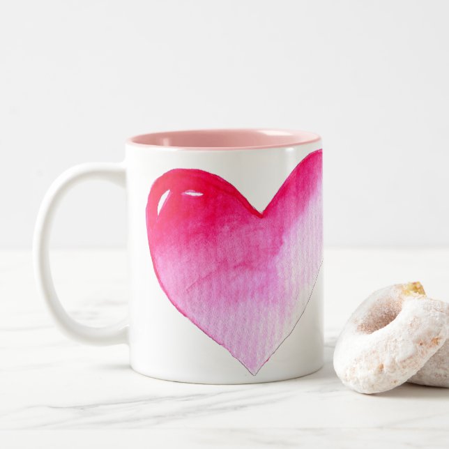 Rosa und rotes Herz Aquarell Pop Kunst Zweifarbige Tasse (Mit Donut)