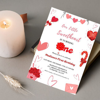 Rosa und Rotes Herz Valentine Erster Geburtstag Einladung