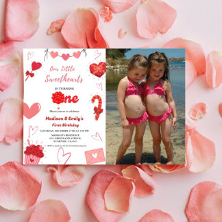 Rosa und Rotes Herz Valentine Twin Erster Geburtst Einladung