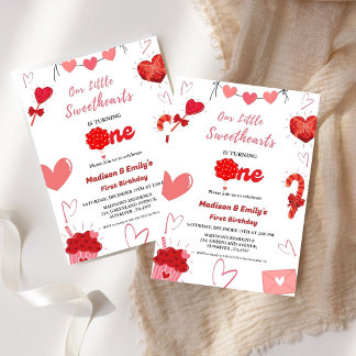 Rosa und Rotes Herz Valentine Twin Erster Geburtst Einladung