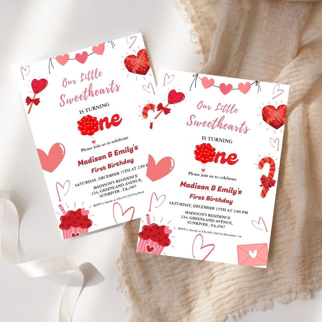 Rosa und Rotes Herz Valentine Twin Erster Geburtst Einladung (Von Creator hochgeladen)
