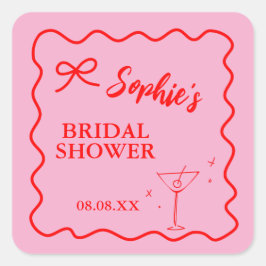 Rosa und rotes Retro Brautparty Martini Quadratischer Aufkleber