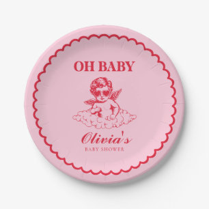 Rosa und rotes Retro-Cherub-Baby-Shower Pappteller
