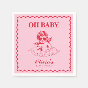 Rosa und rotes Retro-Cherub-Baby-Taufe Serviette