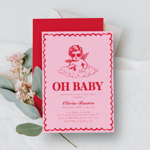 Rosa und rotes Retro Cherub Kinderdusche Einladung