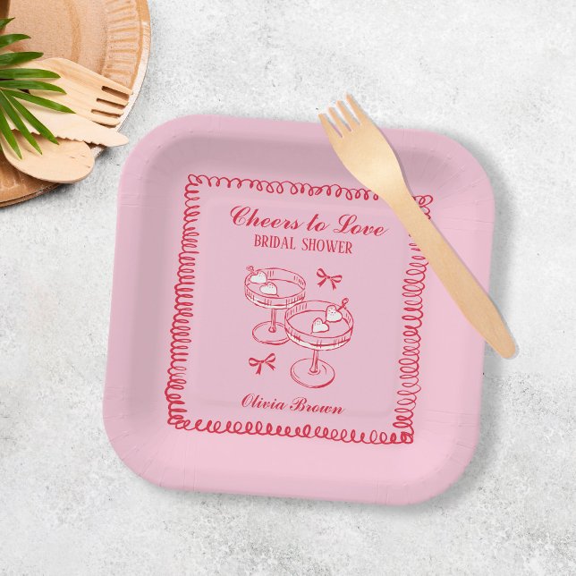 Rosa und rotes Retrohandgezeichnetes Brautparty Pappteller (Von Creator hochgeladen)