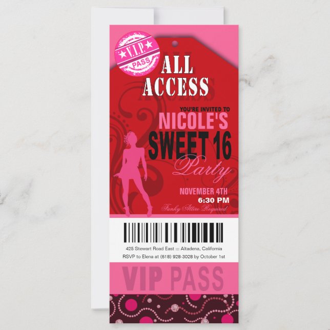 Rosa und rotes VIP Sweet 16 Ticket Party Einladung (Vorderseite)