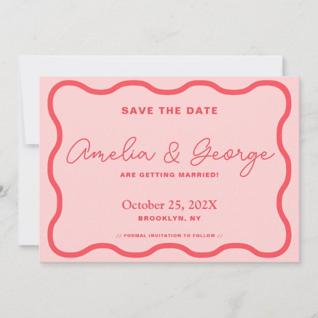 Rosa und rotes Wavy Retro Save The Date (Vorderseite)