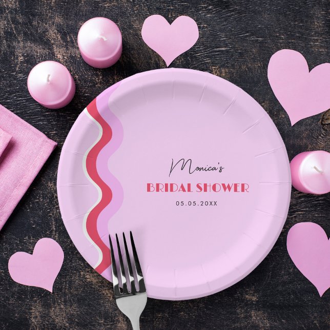 Rosa und rotes, welliges Retro 70er Brautparty Pappteller (Von Creator hochgeladen)