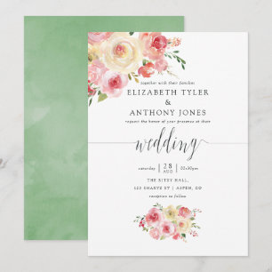 Rosa und Salbeigrün Aquarell Blumen Hochzeit Einladung