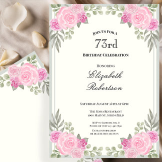 Rosa und Salbeigrüne Blumen zum 73. Geburtstag Einladung