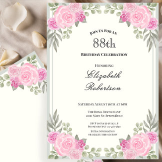 Rosa und Salbeigrüne Blumen zum 88. Geburtstag Einladung