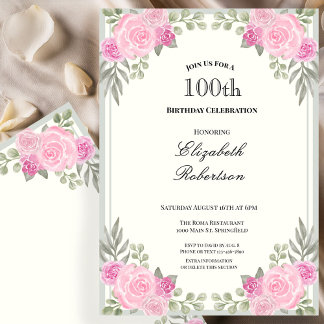 Rosa und Salbeigrüne Floral 100. Geburtstag Einladung
