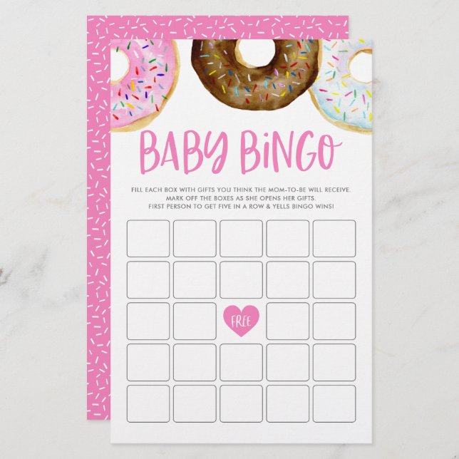 Rosa und Schokolade Donuts Baby Bingo Game Card (Vorne/Hinten)