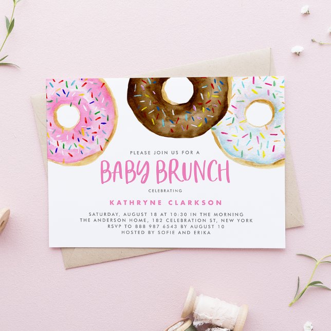 Rosa und Schokolade Wasserfarbe Donuts Baby Brunch Einladung (Von Creator hochgeladen)