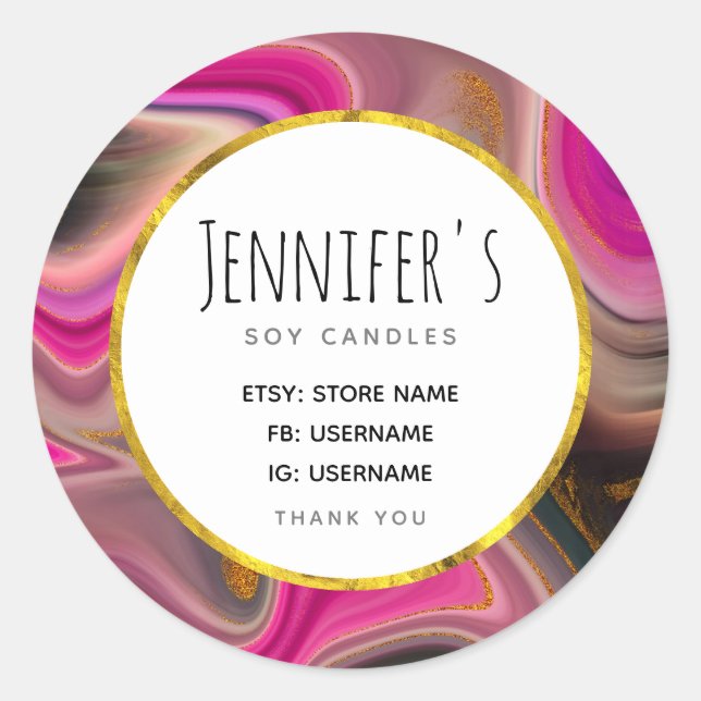 Rosa und Schwarz Abstrakt mit Gold Wirbel Business Runder Aufkleber (Vorderseite)