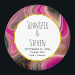 Rosa und Schwarz Abstrakt mit Gold Wirbel Hochzeit Magnet<br><div class="desc">Wir bedanken uns bei Magneten mit einem groovy aussehenden abstrakten Design. Rosa und schwarze Farben mischen sich und vermischen sich in einer wirbelnden Bewegung. Sprinklen von Imitaten goldener Glitzer zwischen den Schichten. Ein weißer Rahmen mit einem goldenen Rahmen aus Imitaten,  oben mit dem personalisierten Text überlegt.</div>