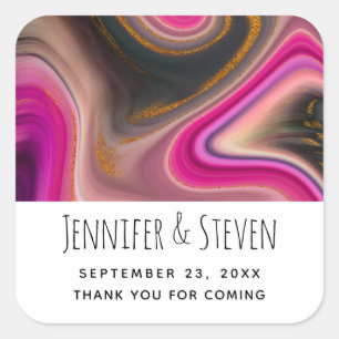 Rosa und Schwarz Abstrakt mit Gold Wirbel Hochzeit Quadratischer Aufkleber