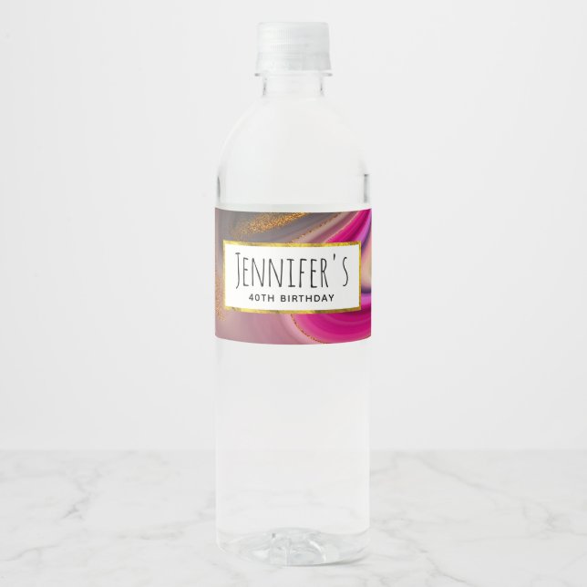 Rosa und Schwarz Abstrakt mit Gold Wirbel Party Wasserflaschenetikett (Vorderseite)