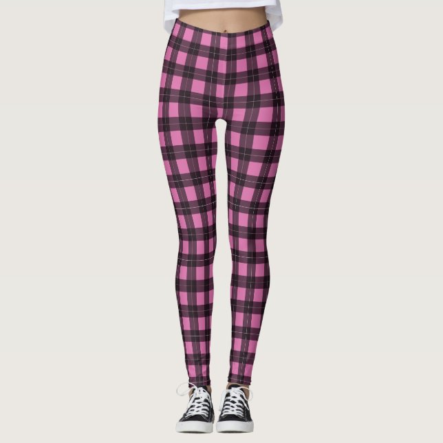 Rosa und Schwarz Buffalo Kariert Tartan Gemustert Leggings (Vorderseite)
