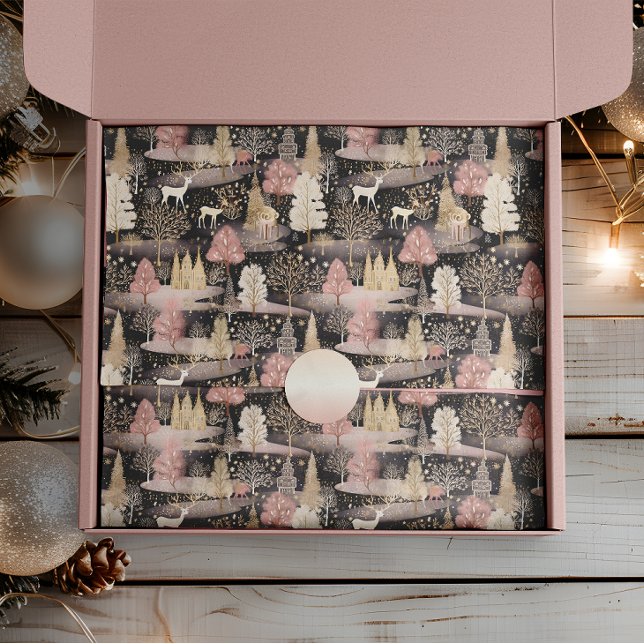 Rosa und schwarz Elegante Snowy Deer Forest Seidenpapier (Von Creator hochgeladen)