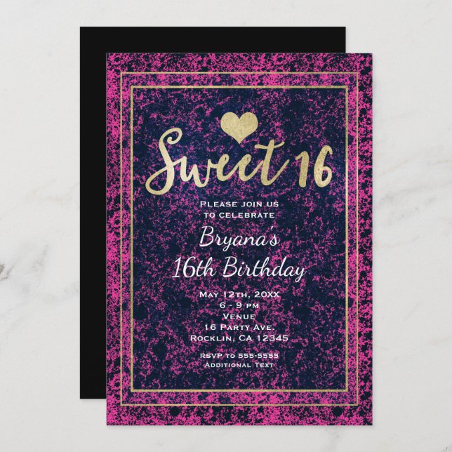 Rosa und Schwarz Gold Sweet 16 Moderne Party Einla Einladung (Vorne/Hinten)