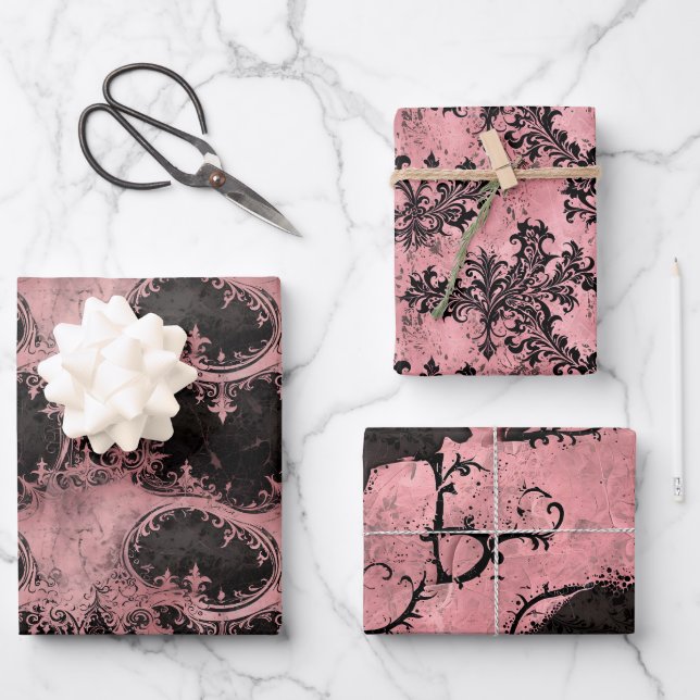 Rosa und schwarz-gotische Grunge Geschenkpapier Set (Vorderseite)