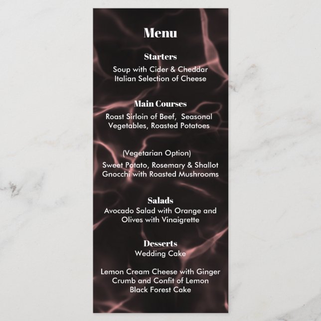 Rosa und schwarz marmoriertes Thema Menükarte (Vorderseite)