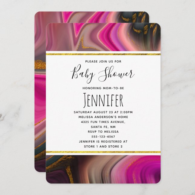Rosa und Schwarz mit Gold Wirbel Kinderdusche Einladung (Vorne/Hinten)