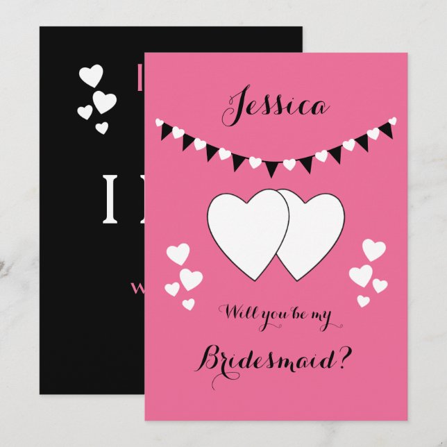 Rosa und schwarz mit Herzen bunting Bridesmaid Einladung (Vorne/Hinten)