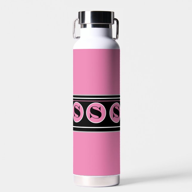 Rosa und Schwarz Moderne personalisieren Monogramm Trinkflasche (Vorne)