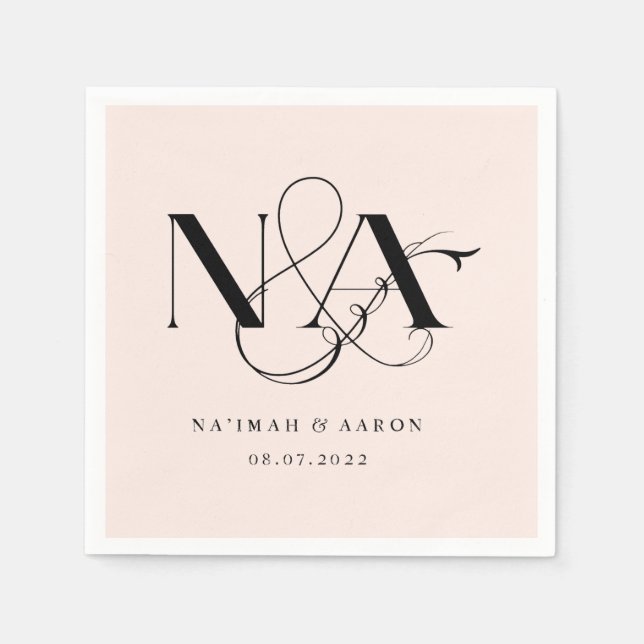 Rosa und Schwarz | Monogram Wedding Napkins Serviette (Vorderseite)