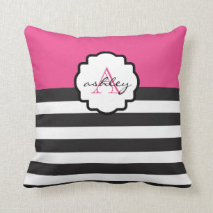 Rosa-und Schwarz-mutiges Streifen-Monogramm-Kissen Kissen