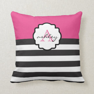 Rosa-und Schwarz-mutiges Streifen-Monogramm-Kissen Kissen