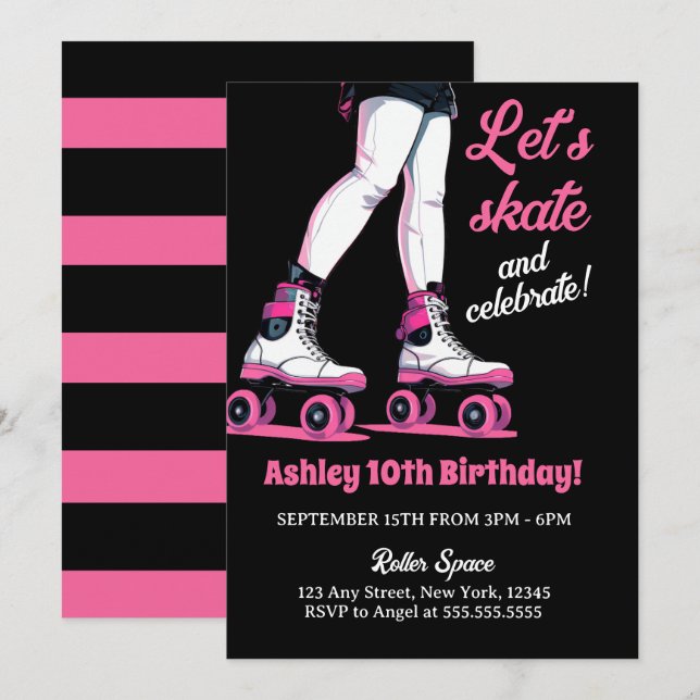 Rosa und schwarz Rollerblade Skaten zum Geburtstag Einladung (Vorne/Hinten)